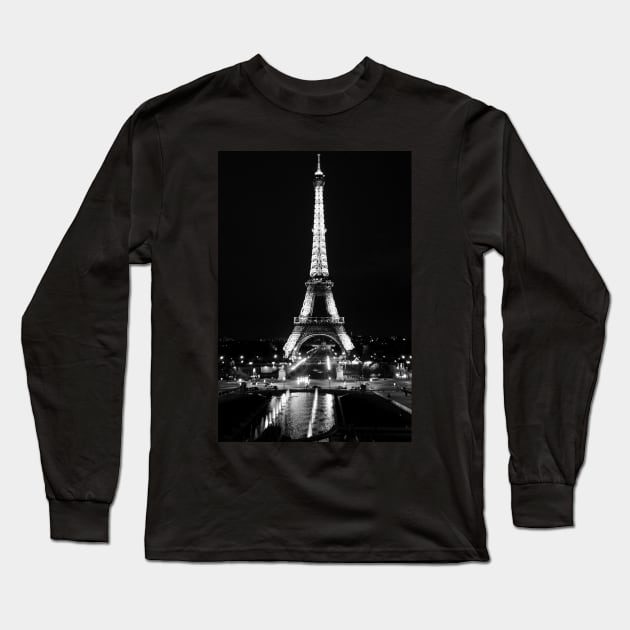 Eiffel Tower Paris at night black and white Long Sleeve T-Shirt by SafariByMarisa